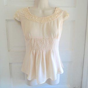 Marc Jacobs Cream Smocked Ruche Neck Raw Edge Blouse M